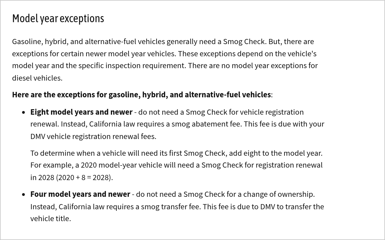 Screenshot of the Bureau of Automotive Repair smog check page showing model year exceptions and the add-eight rule