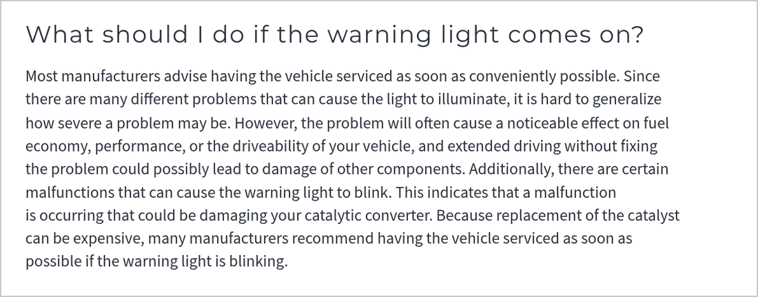 Screenshot of a CARB fact sheet saying a blinking warning light means a malfunction that could be damaging the catalytic converter