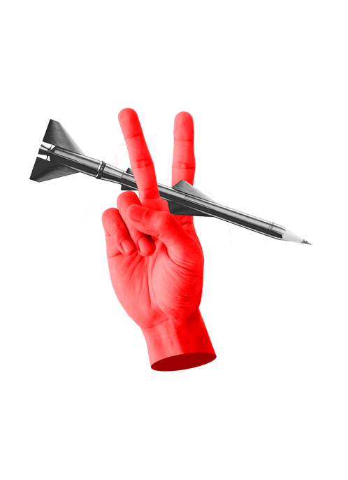 Red hand with peace finders and holding a missile with a pencil as the tip