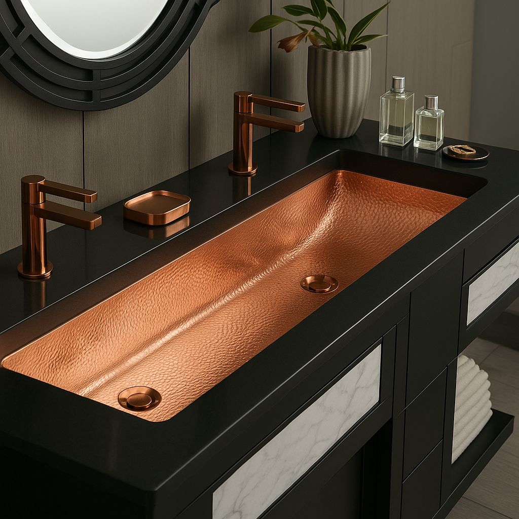 Trough Bathroom Sink, 48", Hammered Polished Copper