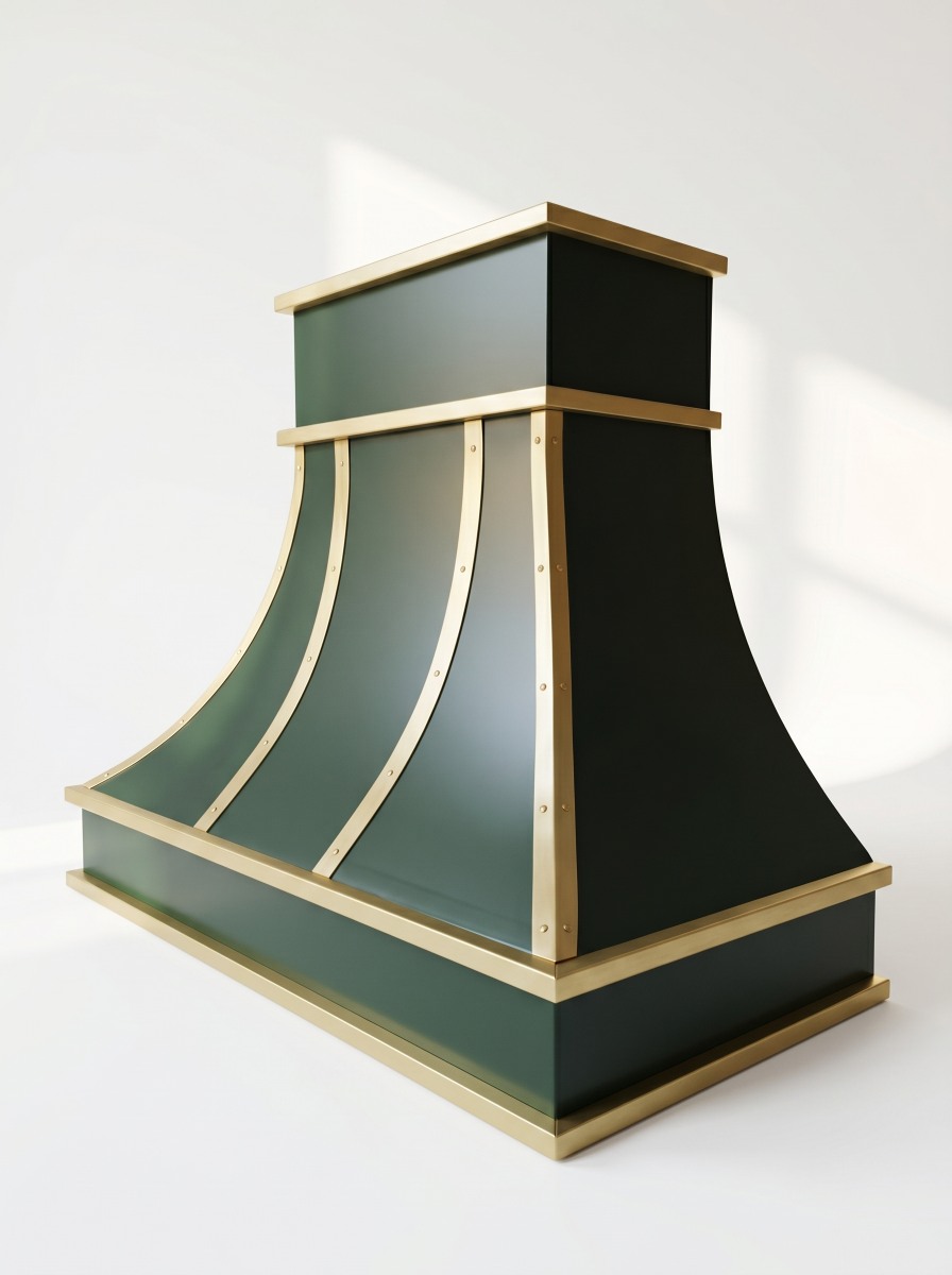 Side view of handcrafted dark green and brass island range hood Mary Lou by Amoretti Brothers