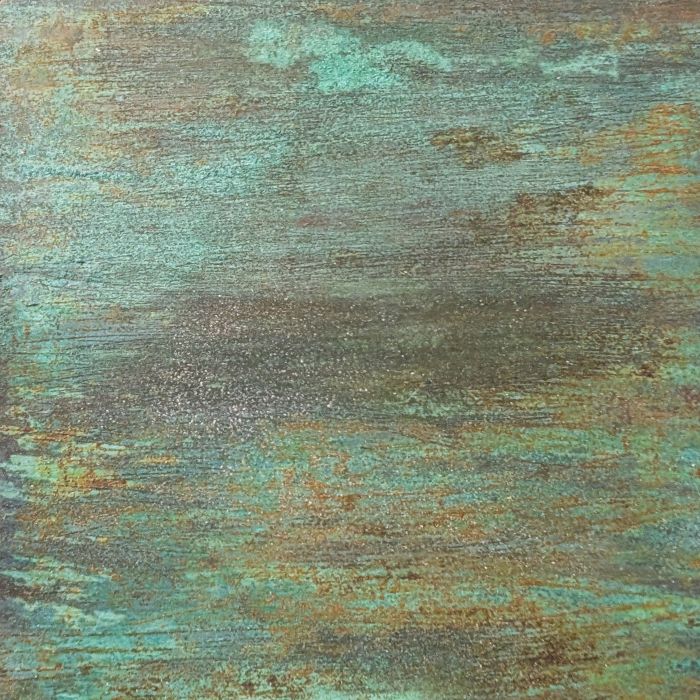 Horizontal bands of turquoise, moss and bronze-brown drift across smooth copper—a layered verdigris with the look of naturally weathered metal.