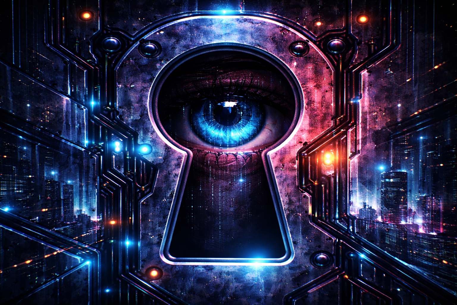 eye looking through keyhole to dystopian city
