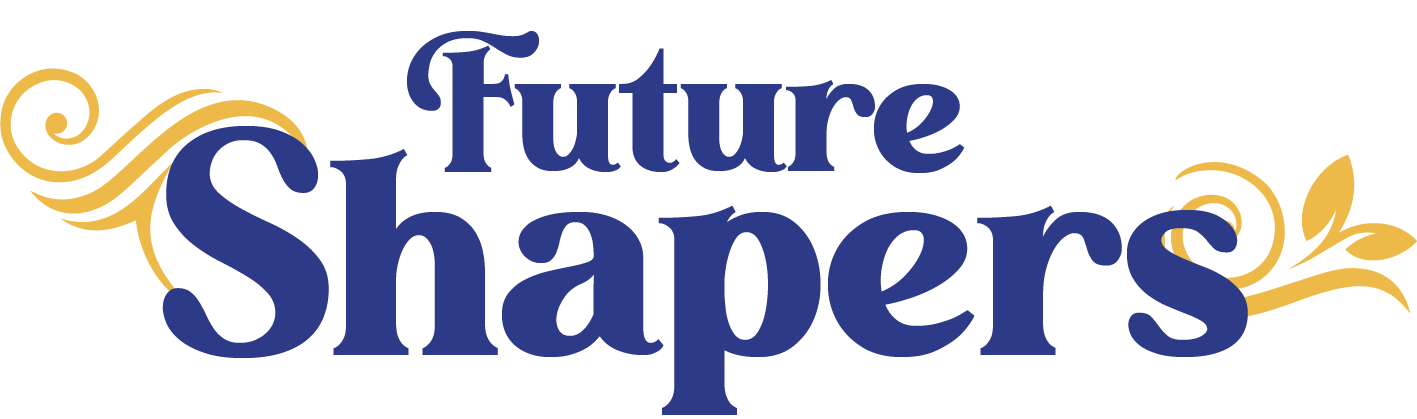 Text reading 'Future Shapers' in bold blue font with decorative golden swirls on each side.