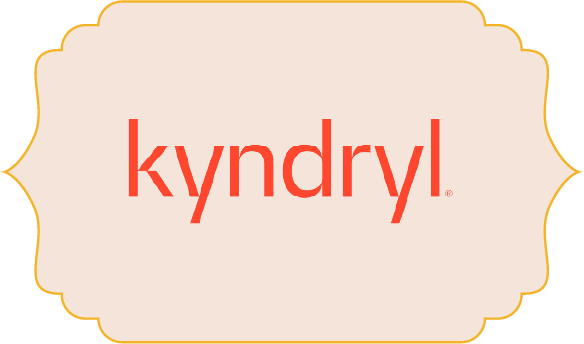 Kyndryl brand name text in red on a beige label with a decorative border.