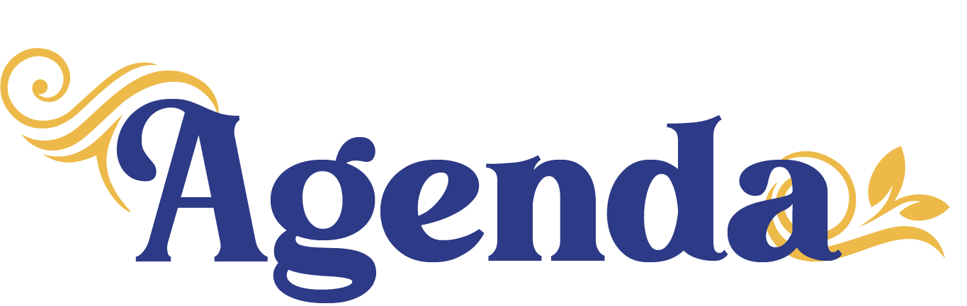 The word 'Agenda' in bold navy blue font with decorative golden swirls and leaves on both sides.