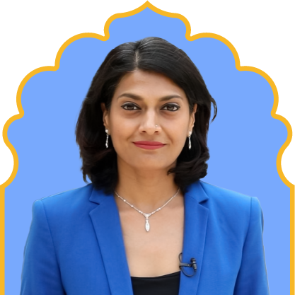 Portrait of a woman with medium-length black hair wearing a blue blazer, silver necklace, and earrings against a blue background with a gold decorative border.