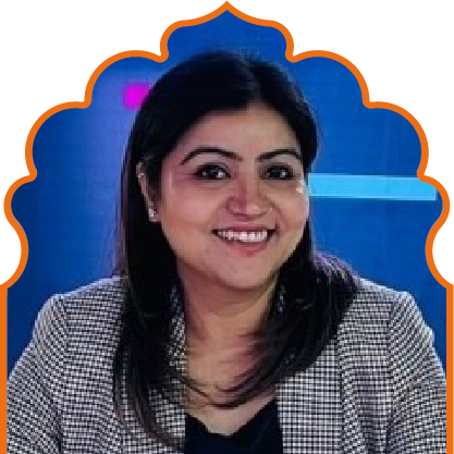 Smiling woman with long dark hair wearing a checkered blazer and black top against a blue background with pink and blue highlights.