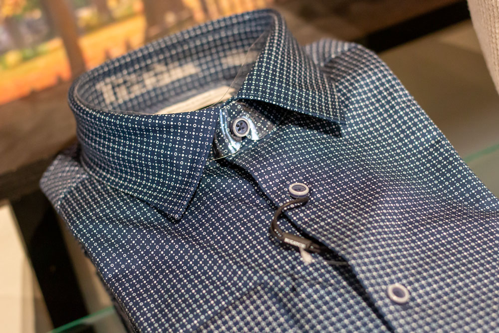 Bold maroon, purple, and grey gradient leaf pattern button-up