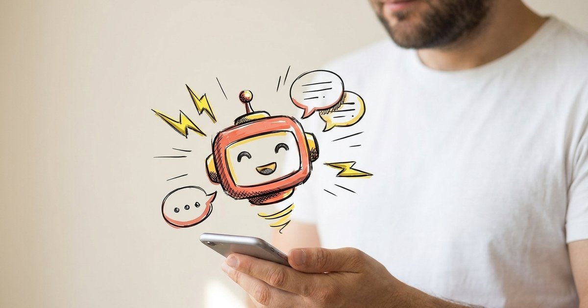 A.I. voor jouw bedrijf - vrolijk getekend robotje springt uit een smartphone, MadSpider