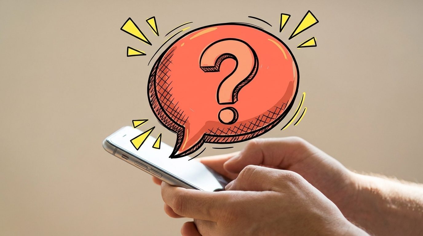 Getekende tekstballon met vraagteken boven een smartphone - wat is GEO?