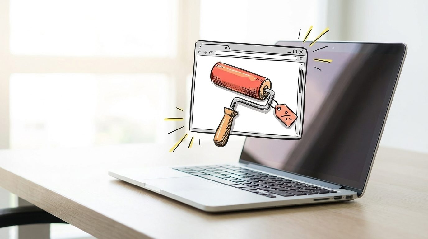 Getekend browservenster met prijskaartje boven een laptop - wat kost een website