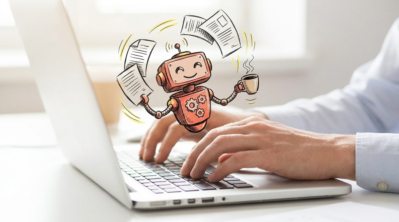 Getekend robotje helpt boven een laptop - A.I. op de werkvloer