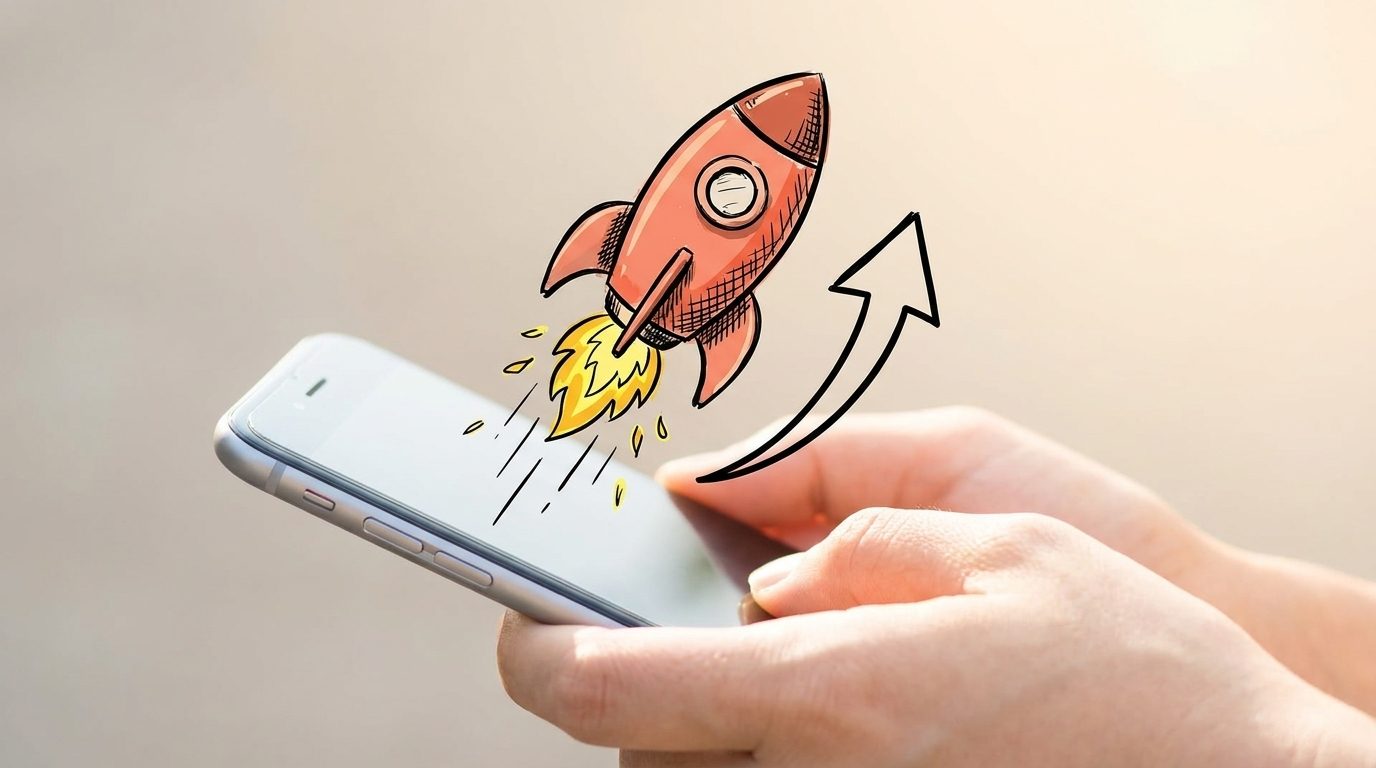 Getekende raket met pijl omhoog boven een smartphone - hoger in Google en ChatGPT