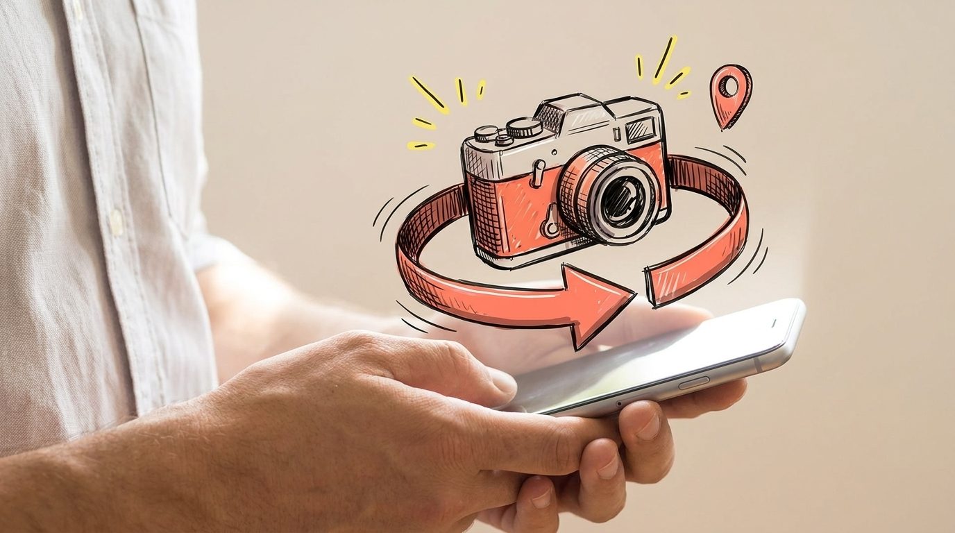 Getekende camera met 360-gradenpijl boven een smartphone - wat is een Google Business View