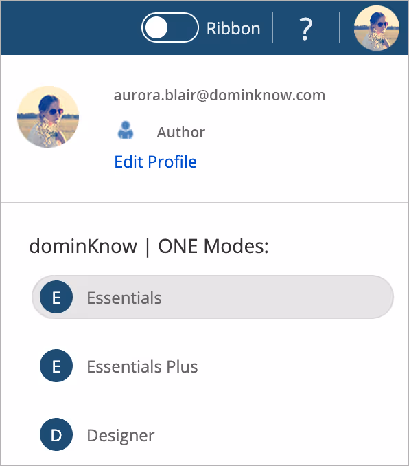 A dropdown with the three authoring modes, Essentials, Essentials Plus and Designer.