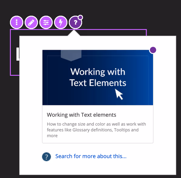 The inline help showing an article on Working with Text elements.