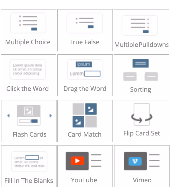 A collection of prebuilt components and interactions. Multiple Choice, Card Match, Vimeo to name a few.