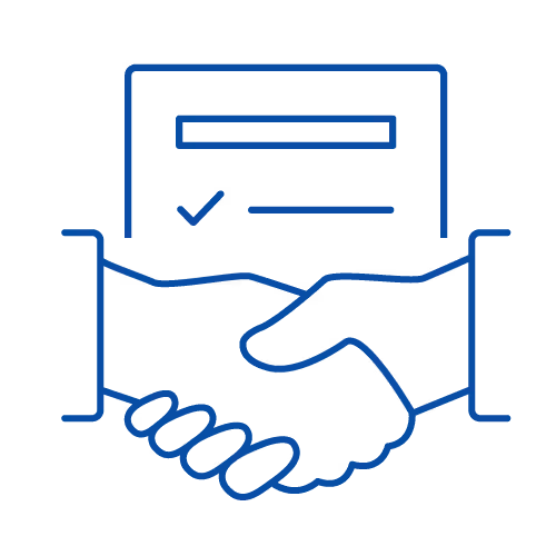 Icon of hand shaking with paperwork in background.