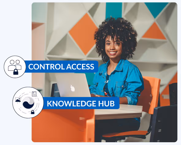 Picture of women on laptop with labels Control Access, and Knowledge Hub