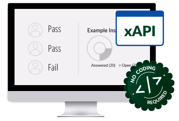 Screen with pass and fail reporting via xAPI and a 'no coding' badge