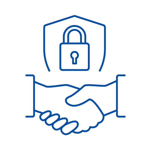 A lock ontop of a badge over two hands shaking representing safe and secure