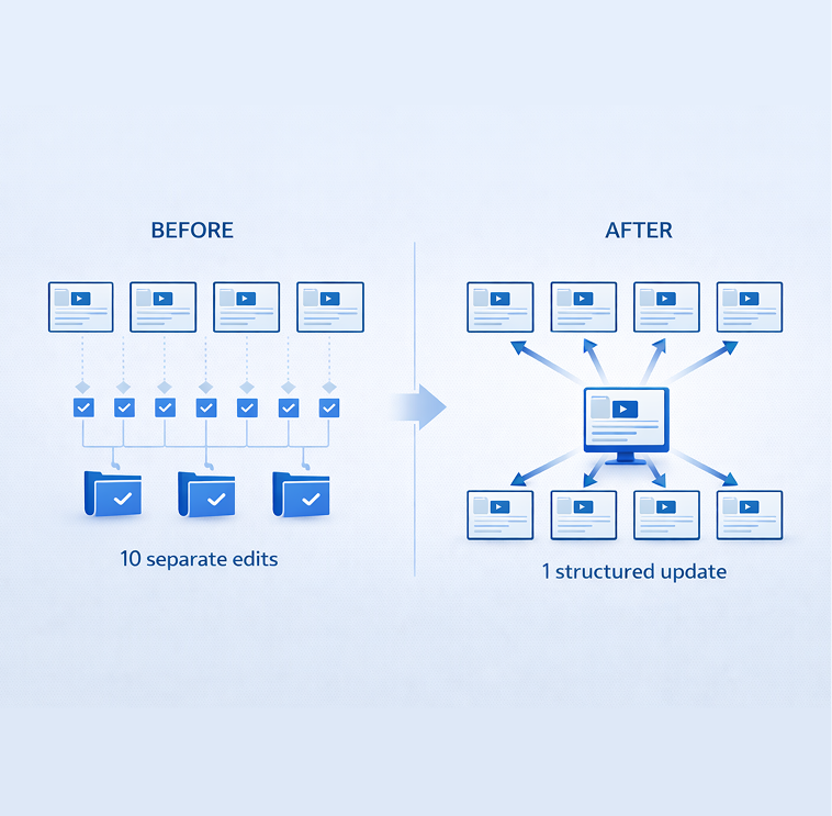 Comparison between traditional 10 separate edits and 1 structured update with structured content reuse