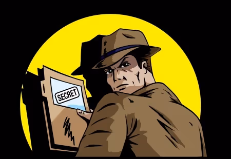 Cartoon graphic of man holding secret folder 