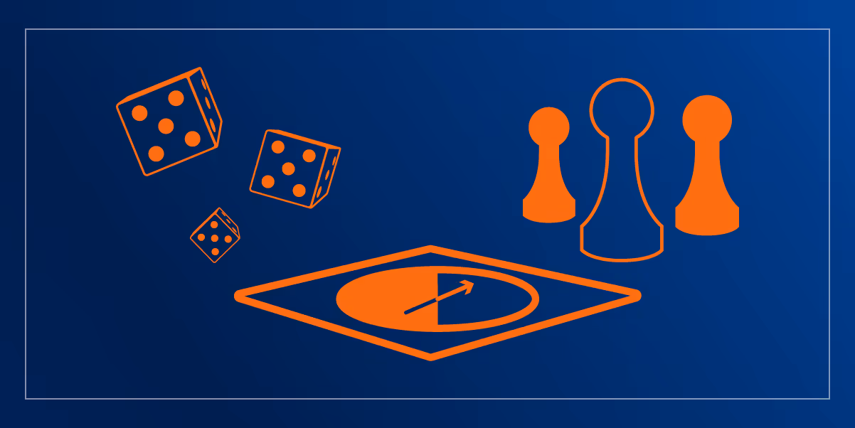 Illustration of dice, a game spinner and game marker pieces.