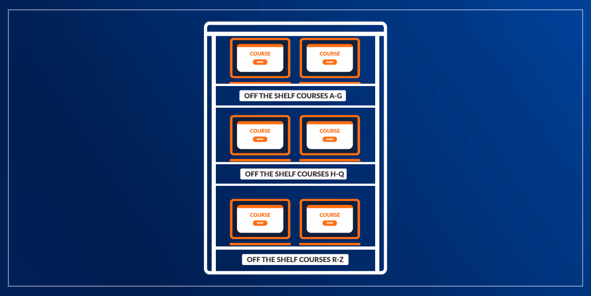 Illustration of a bookshelf with each shelf labeled Off The Shelf Courses.