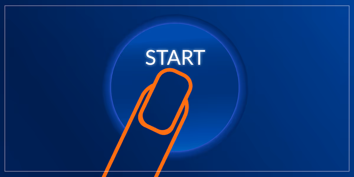 Illustration of a woman's finger pushing a Start button.