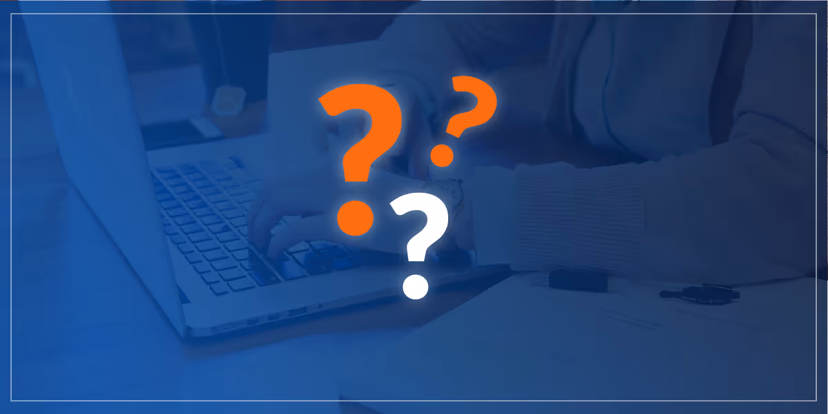 Illustration of question marks overlaying a stock photo of hands on a computer keyboard.