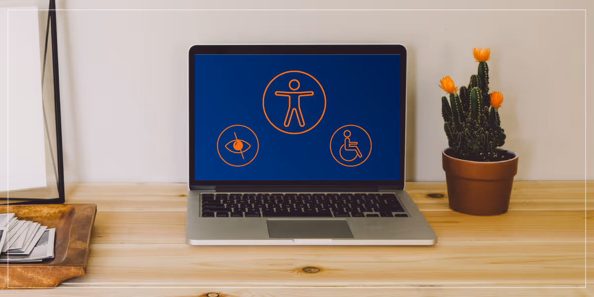 Photo of a laptop computer on a desk displaying accessibility logos