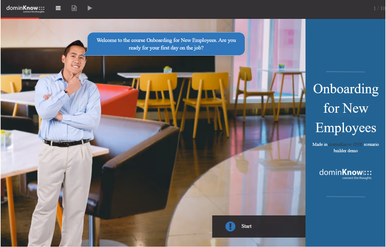 Title screen from Onboarding for New Employees, a scenario-based eLearning example