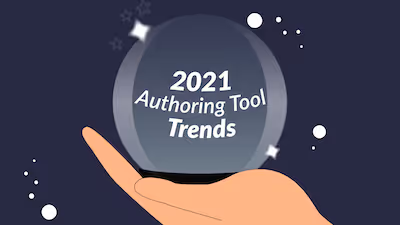 Illustration of a hand holding a crystal ball with text, "2021 Authoring Tool Trends".