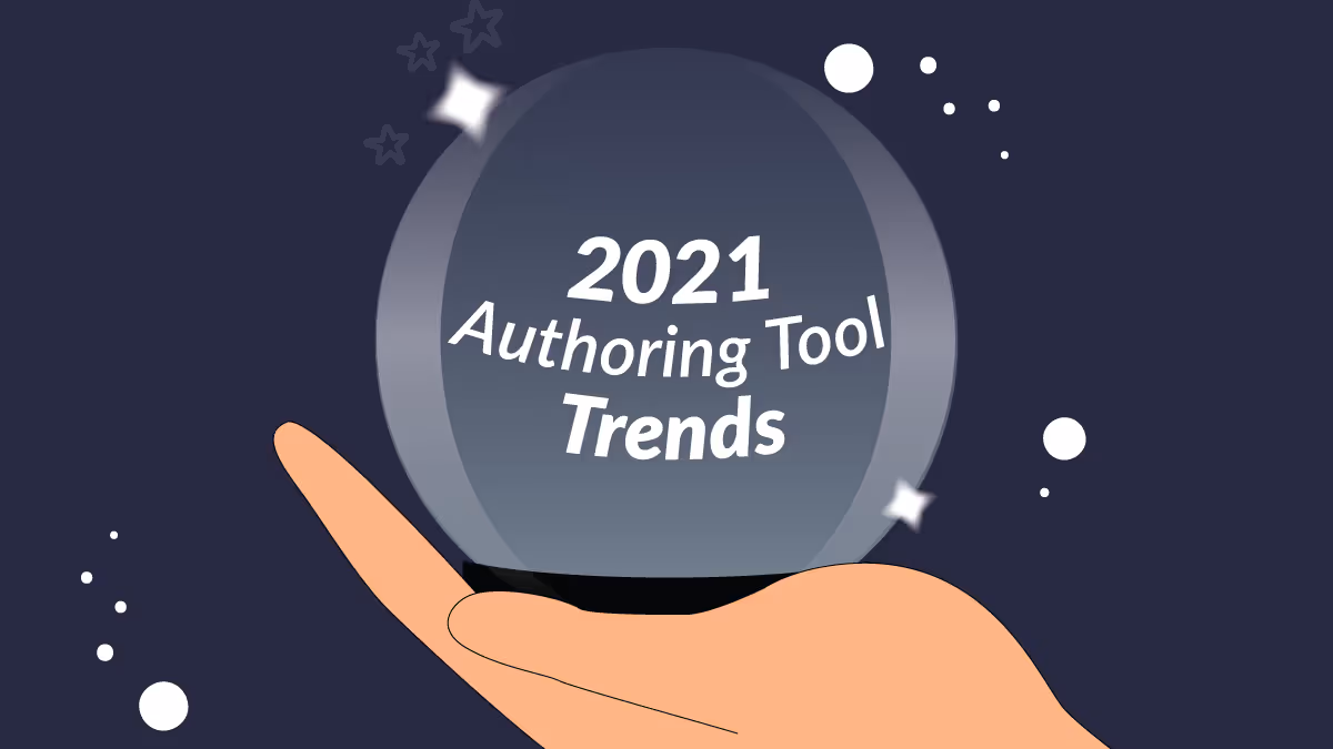 Illustration of a hand holding a crystal ball with text, "2021 Authoring Tool Trends".