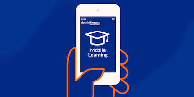 A hand holding a smartphone which is displaying mobile learning content on the screen