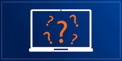 Illustration of a laptop with question marks on its screen