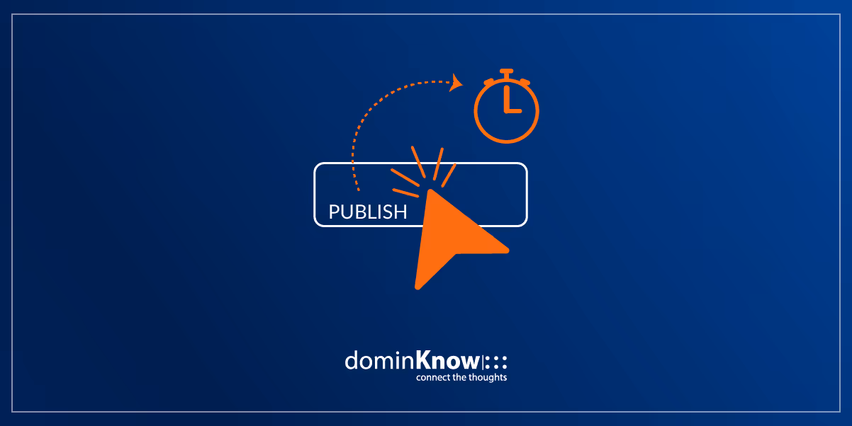 Mouse clicking a publish button with arrow pointing to a stopwatch.