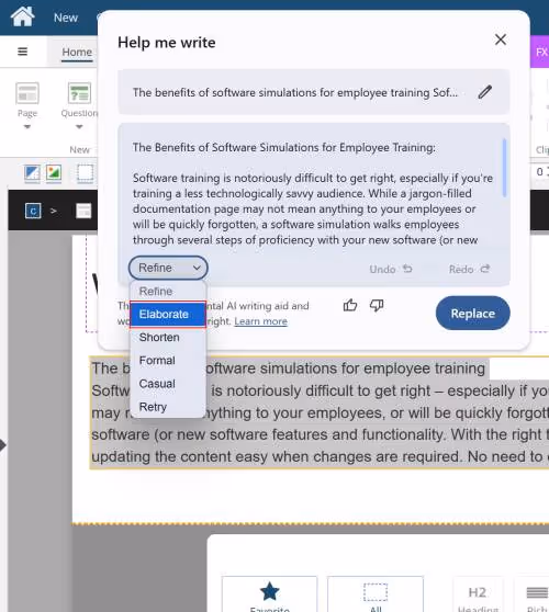 Using Help me write in dominKnow | ONE to elaborate on the current text selection.