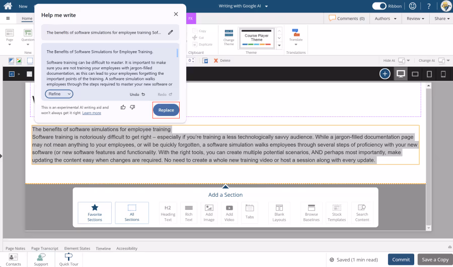 Using Google Chrome's Help me write with dominKnow | ONE