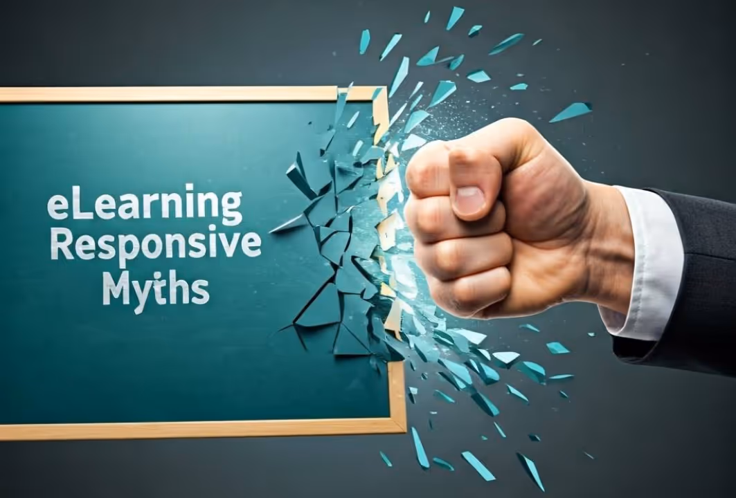 A fist busting a sign that says eLearning Responsive Myths