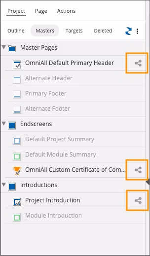 dominKnow | ONE screenshot displaying reusable master pages including new ones for Project Introduction and Module Introduction