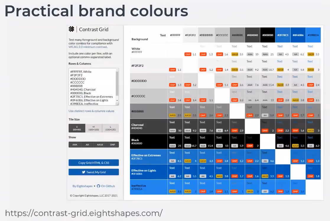 A screen shot from https://contrast-grid.eightshapes.com showing brand color contrasts from this website.
