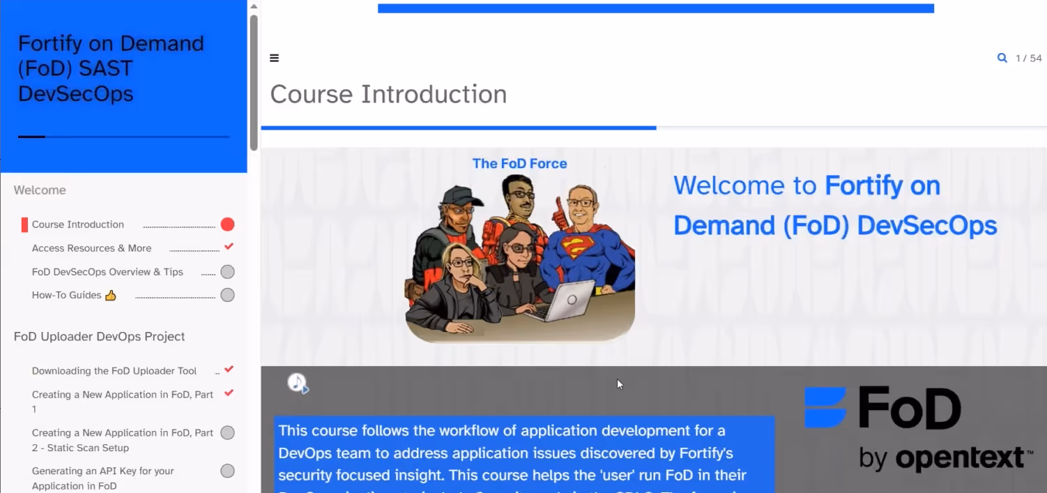 A screen shot of Fortify on Demand SAST DevSecOps course