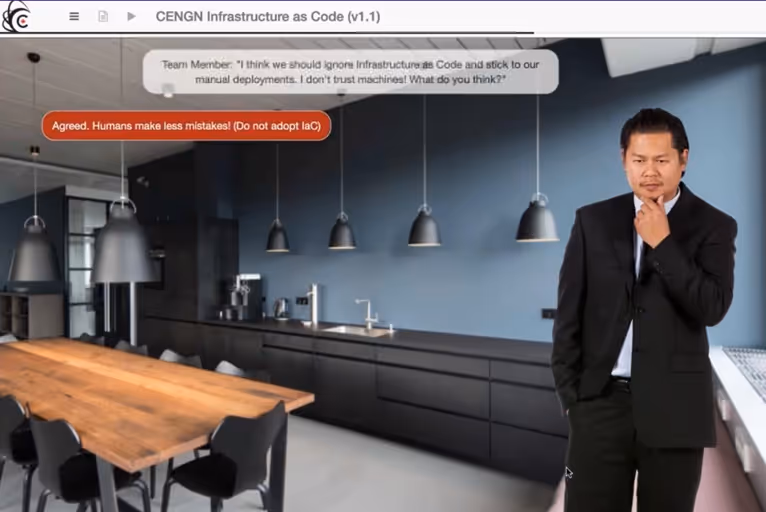 CENGEN Infrastucture as Code course screen shot focusing on a scenario discussion.