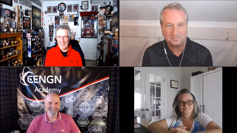 Panel of four photos: Ed Hjorth, Chris Van Wingerden, Peter Heath, and KJ Lodrick during a webinar