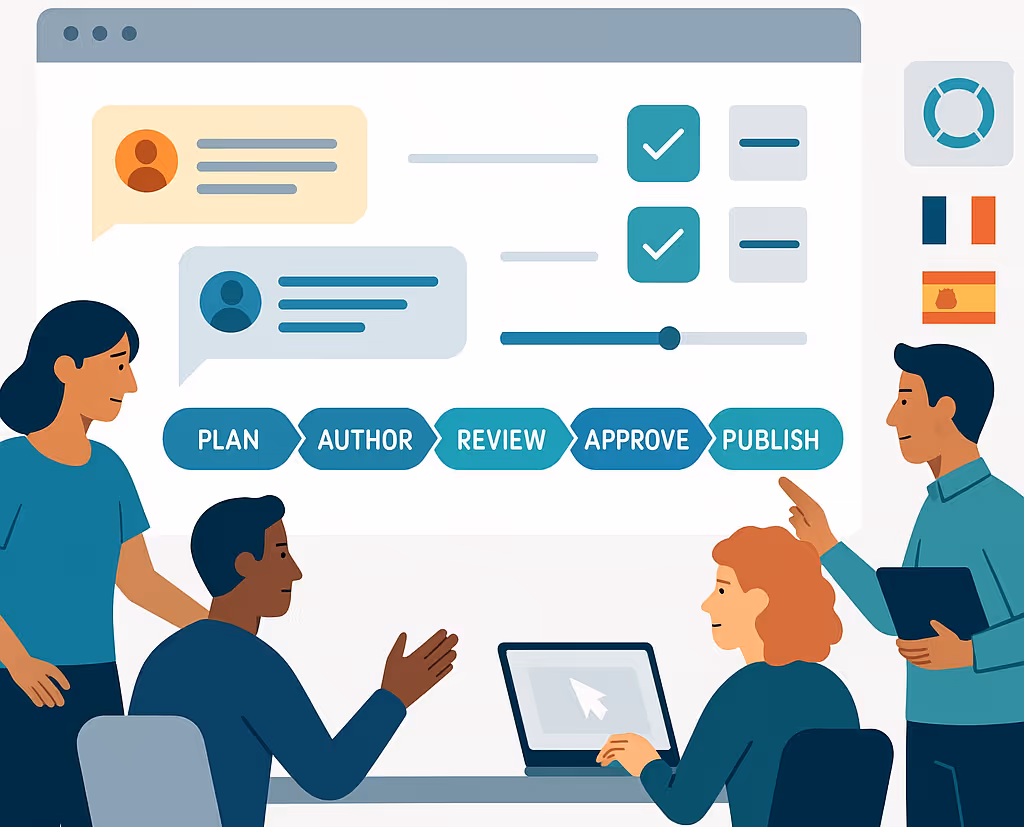 Four L&D teammates co-authoring in a browser with comments, approvals and a content lifecycle ribbon