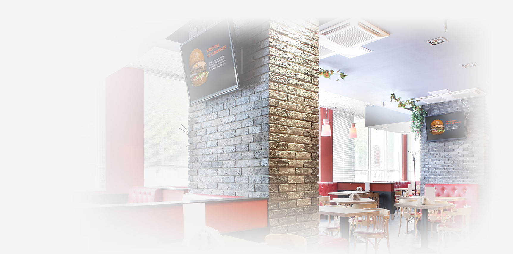 Menu screens in a restaurant dining room