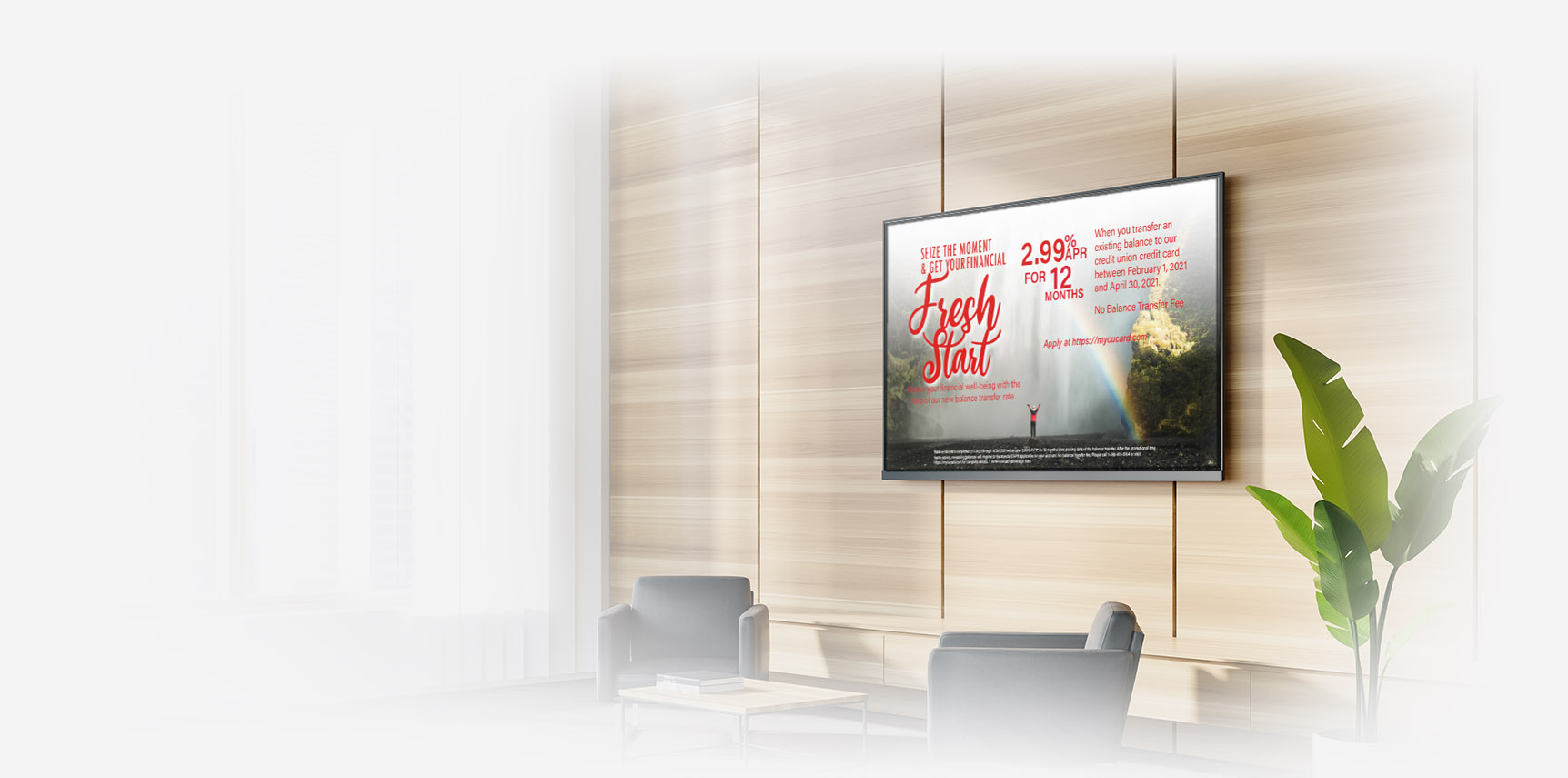 Bank branch lobby with a digital screen